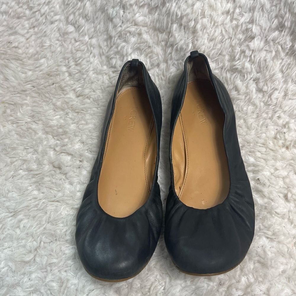 J Crew leather black slip on flats with elastic vamp round toe size 8
